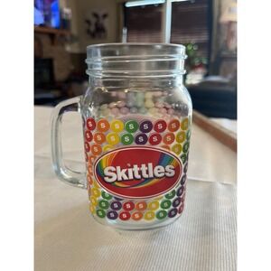 Skittles Rainbow Candy Logo Glass Mason Jar Mug Clear Handle Drinkware 16oz